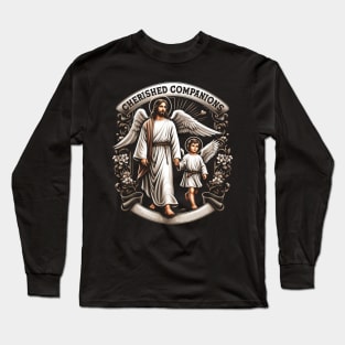 Cherished Companions, Jesus walking hand in hand with a single cherub angel Long Sleeve T-Shirt